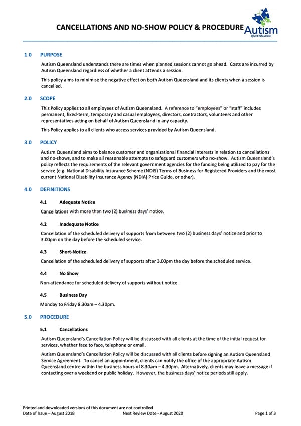 the cancellation policy of autism queensland is based on NDIS guidelines