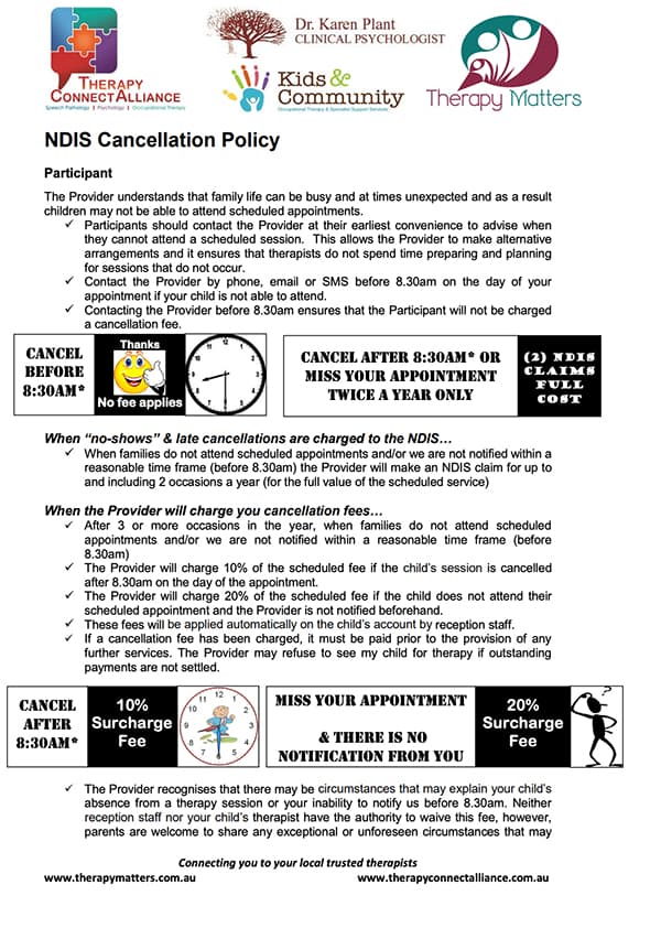 the cancellation policy of therapy matters is based on NDIS guidelines