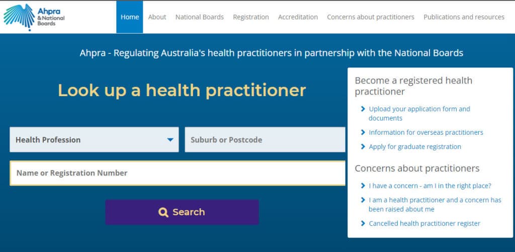 Ahpra homescreen